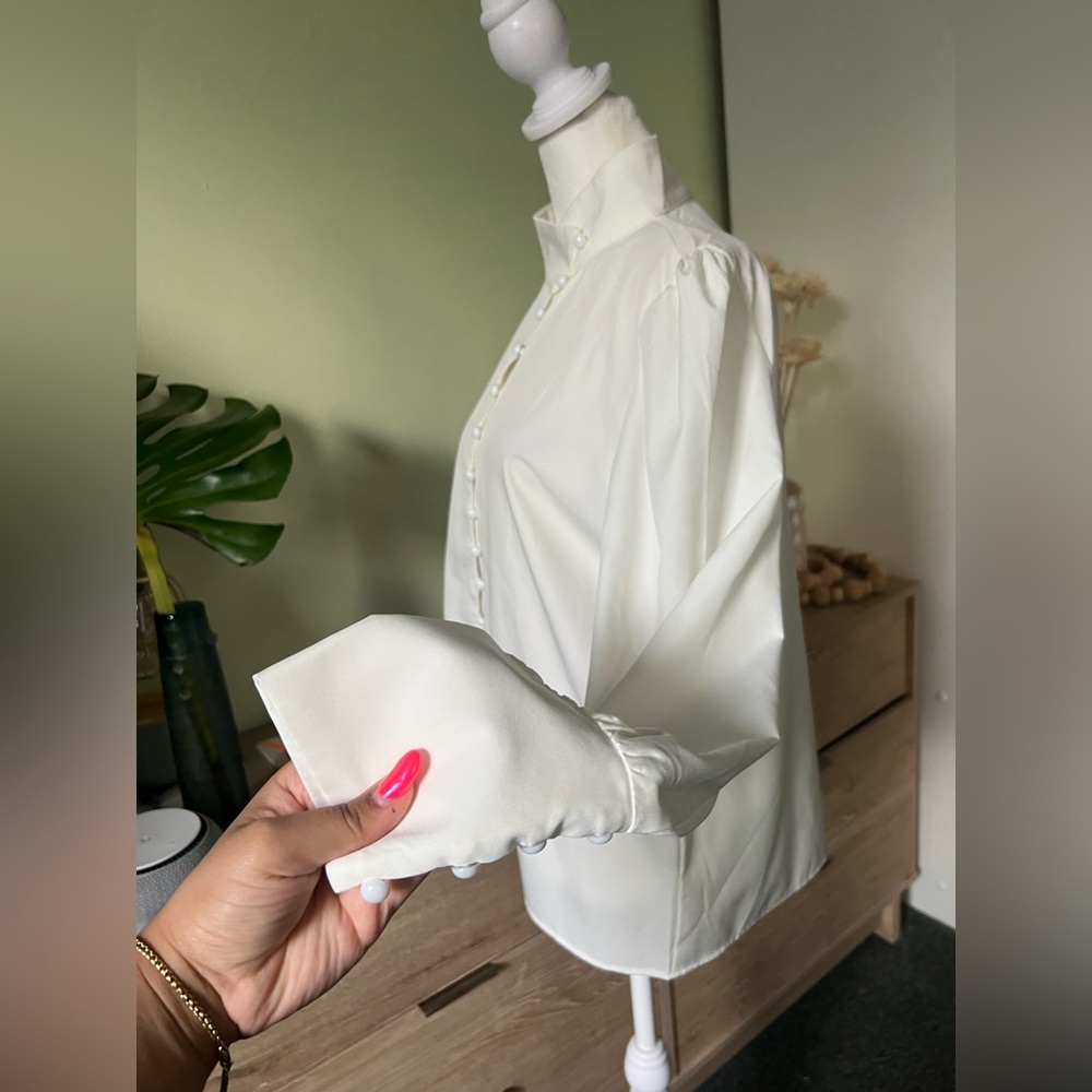 Off-White High Mock-Neck Long Sleeve Modest Asymmetrical Button Dow Shirt Blouse - Picture 9 of 16